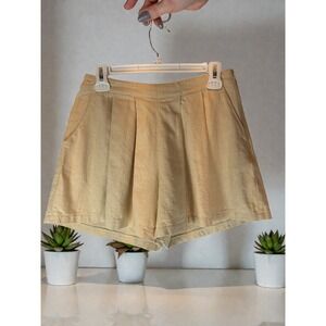 Linen Blend Pleated Tailored Shorts Tan Minimalist Preppy Women's M Side Zip